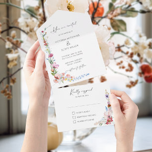 Boho Watercolor Wildflower Calligraphy Wedding All In One Invitation
