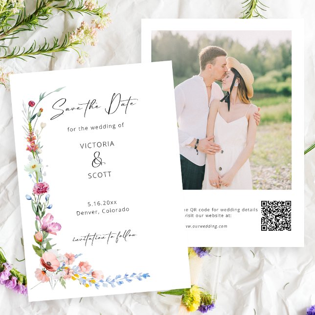 Boho Watercolor Wildflower Calligraphy Wedding Save The Date (Creator Uploaded)