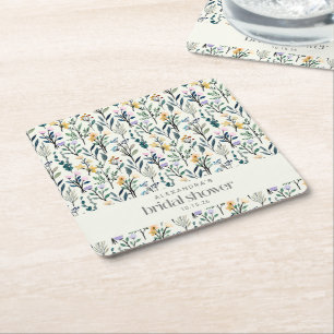 Boho Watercolor Wildflower Custom Bridal Shower  Square Paper Coaster