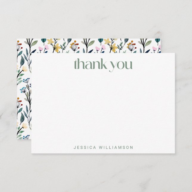 Boho Watercolor Wildflower Custom Bridal Shower  Thank You Card (Front/Back)