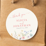 Boho watercolor wildflower floral wedding  classic round sticker<br><div class="desc">Elegant simple spring summer rustic floral botanical watercolor bohemain garden soft yellow cream champagne thank you wedding sticker template featuring colourful wildflowers and a chic pink calligraphy script.                Easy to personalise with your text,  names,  and date!             Suitable for outdoor rustic country bohemian weddings.</div>