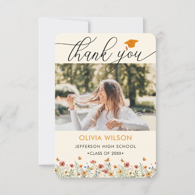 Boho watercolor wildflower Graduation 2 Photos Thank You Card (Front)