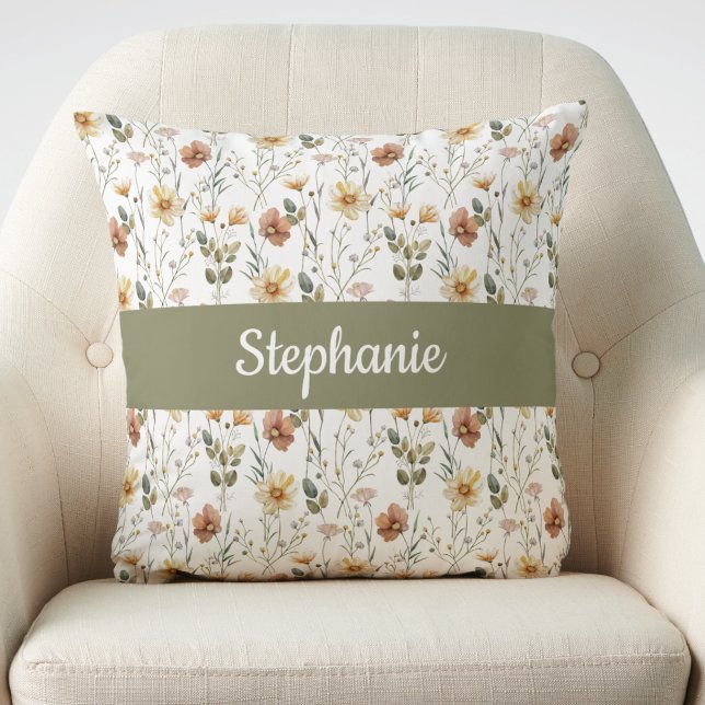 Boho Watercolor Wildflower Monogram Name Cushion (Creator Uploaded)