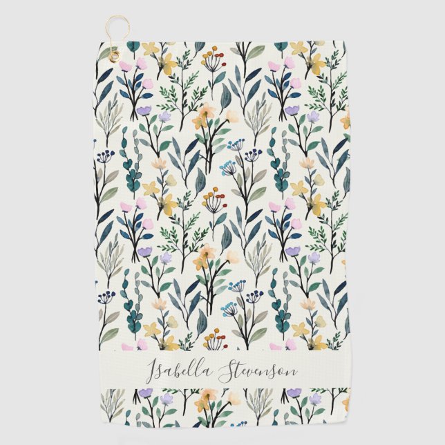 Boho Watercolor Wildflower Personalized Name Golf Towel (Front)