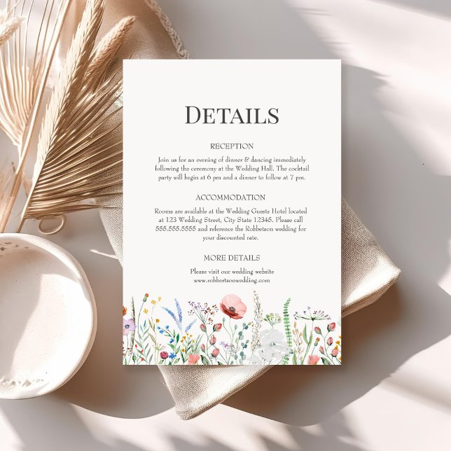 Boho Watercolor Wildflower Wedding Details Invitation (Boho Watercolor Wildflower Wedding Details Invitation on a sunny boho table with dry flowers.)