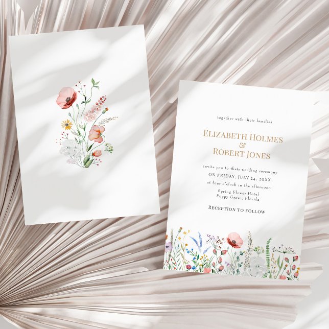 Boho Watercolor Wildflower Wedding Invitation (Boho Watercolor Wildflower Wedding Invitation on a sunny neutral dry palm leaf.)