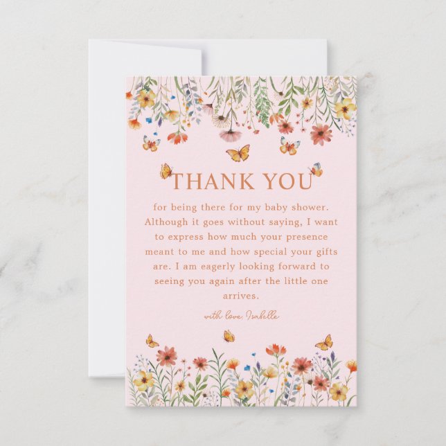 Boho Watercolor Wildflowers Baby Shower Thank you  Card (Front)