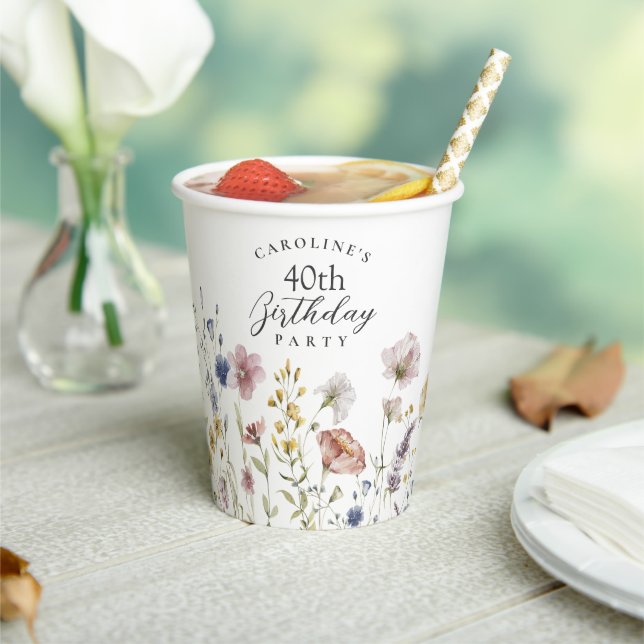 Boho Watercolor Wildflowers Floral 40th Birthday Paper Cups (Insitu)