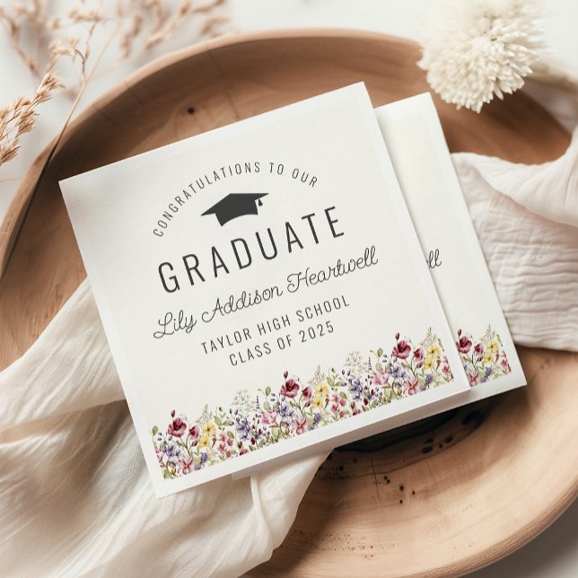 Boho Watercolor Wildflowers Ivory Graduation Party Napkin (Creator Uploaded)