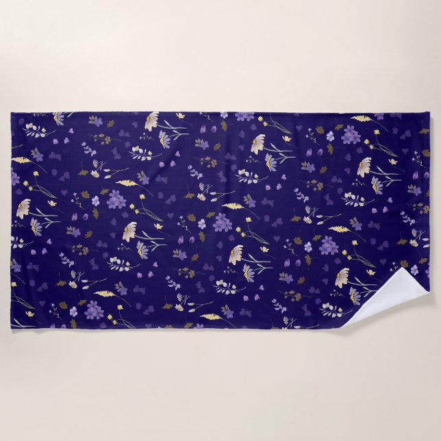 Boho Watercolor Wildflowers Navy  Beach Towel (Front)