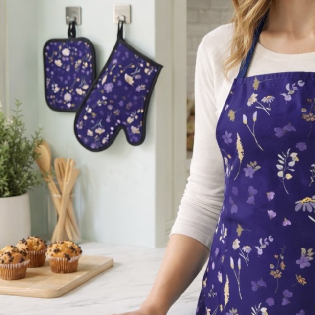 Boho Watercolor Wildflowers Navy  Oven Mitt & Pot Holder Set (Creator Uploaded)