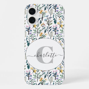 Boho Watercolor Wildflowers Pattern Monogram Name iPhone 16 Plus Case