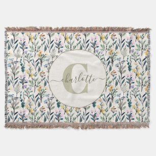 Boho Watercolor Wildflowers Pattern Monogram Name  Throw Blanket