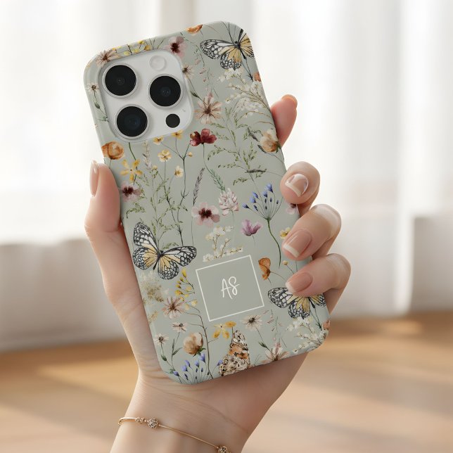 Boho Watercolor Wildflowers Pattern Monogrammed iPhone Case (Creator Uploaded)