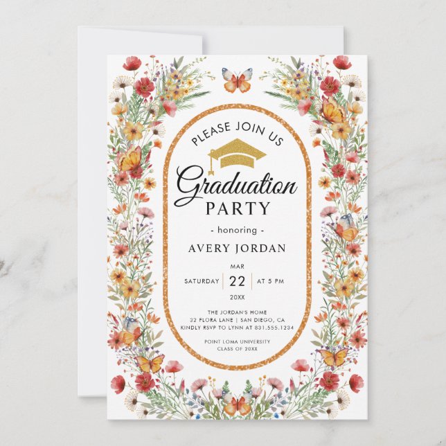 Boho Watercolor Wildflowers Photo Graduation Party Invitation (Front)