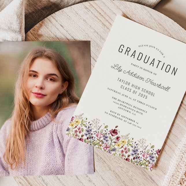 Boho Watercolor Wildflowers Photo Ivory Graduation Invitation (Creator Uploaded)