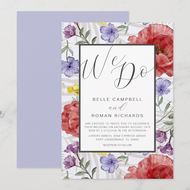 Boho Watercolor Wildflowers Purple Wedding  Invitation (Front/Back)