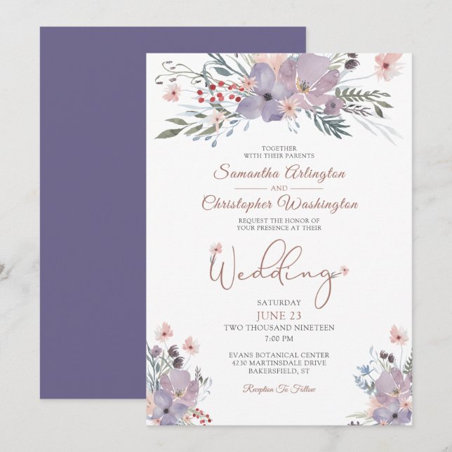 Boho Watercolor Wildflowers Purple Wedding Invitation (Front/Back)