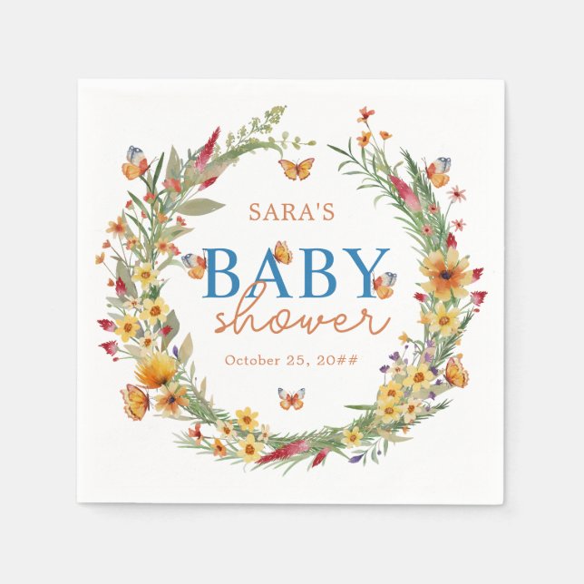 Boho Watercolor Wildflowers Rustic Baby Shower  Napkin (Front)