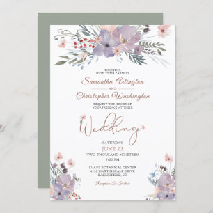 Boho Watercolor Wildflowers Violet Green Wedding Invitation