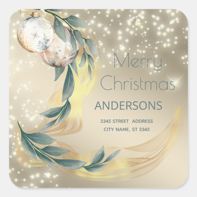 Boho watercolor winter greenery gold Christmas Square Sticker (Front)