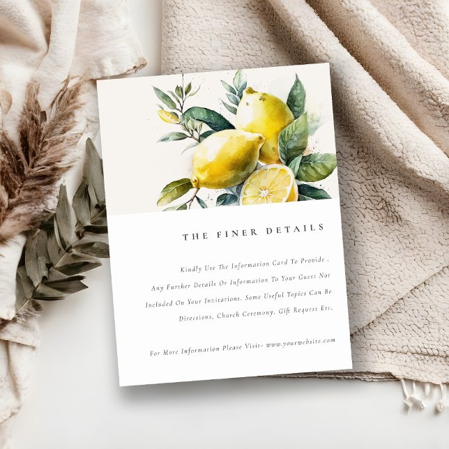 Boho Watercolor Yellow Lemon Garden Wedding Detail Enclosure Card (Creator Uploaded)