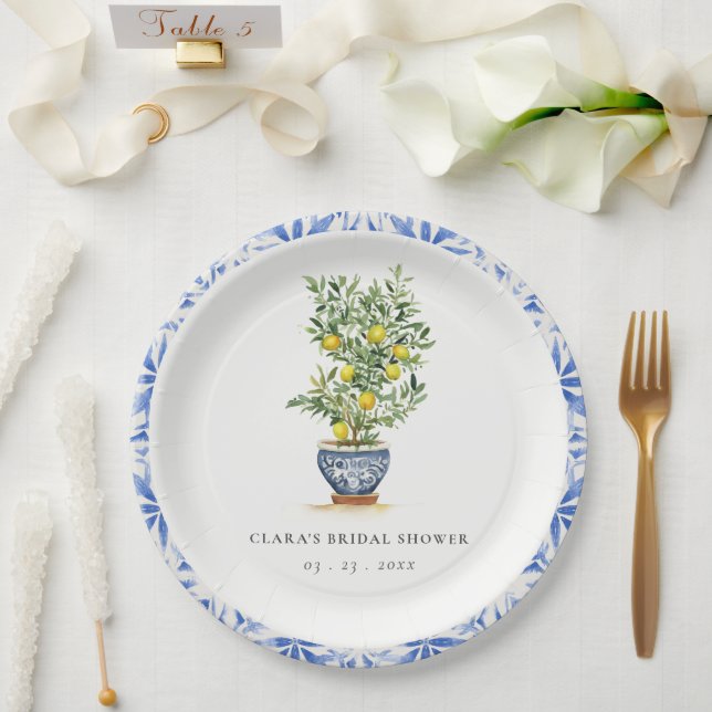 Boho Watercolor Yellow Lemon Tree Bridal Shower Paper Plate (Wedding)