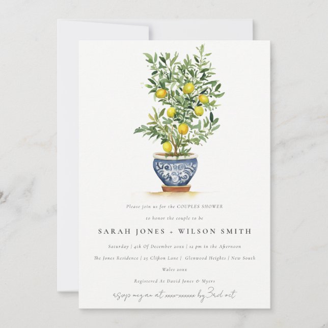 Boho Watercolor Yellow Lemon Tree Couples Shower Invitation (Front)