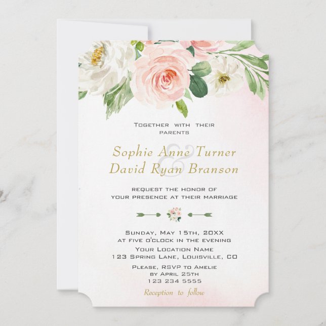 Boho Watercolour Blush Cream Flowers Wedding Invitation (Front)