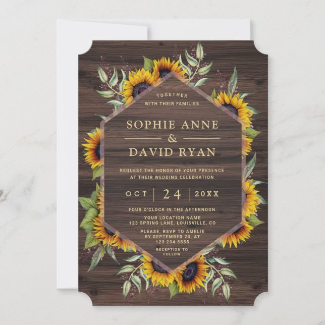 Boho Watercolour Sunflowers Wood Barn Wedding Invitation (Front)