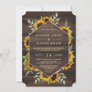 Boho Watercolour Sunflowers Wood Barn Wedding Invitation