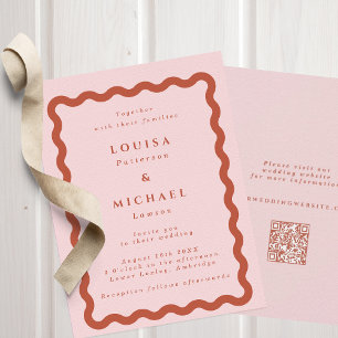 Boho Wavy Blush & Terracotta QR Code Wedding  Invitation