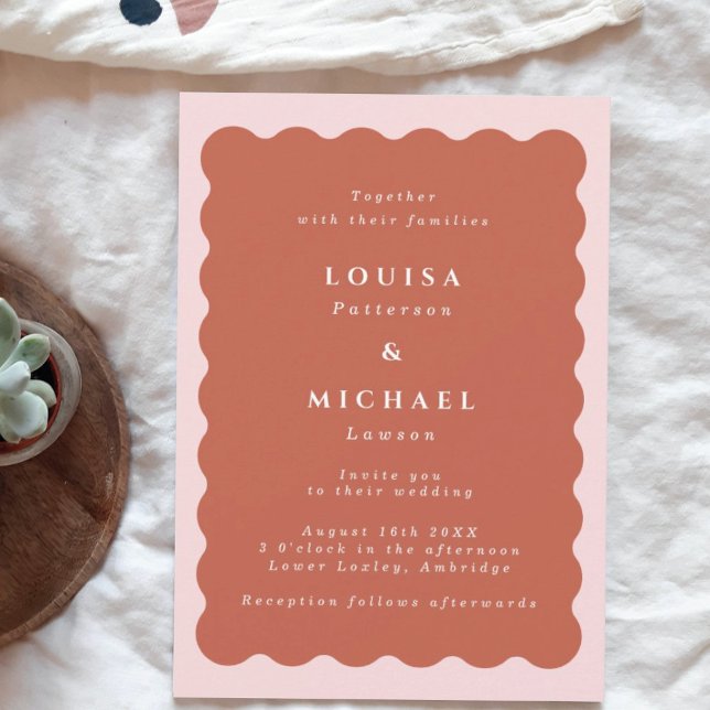 Boho Wavy Border Terracotta & Blush Wedding Invitation (Creator Uploaded)