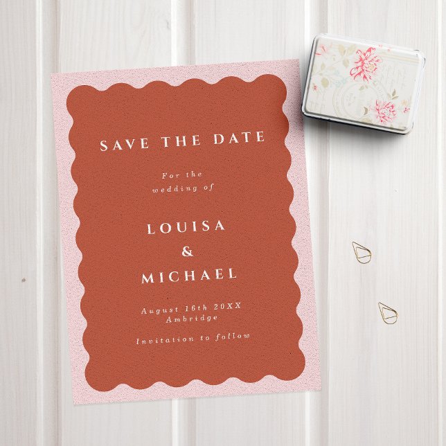 Boho Wavy Border Terracotta & Blush Wedding Save The Date (Creator Uploaded)