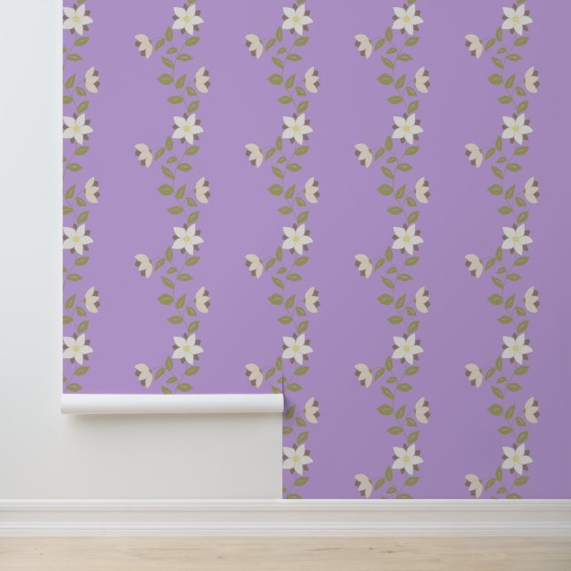 Boho Wavy Flower Vines on Purple Wallpaper (Application)