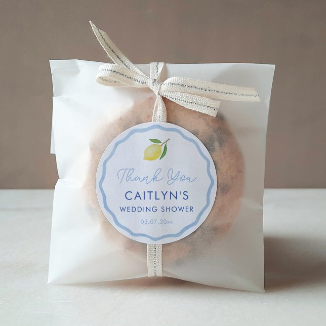 Boho Wavy Line Citrus Lemon Wedding Shower Favour Classic Round Sticker (Boho pale blue wavy border with watercolor lemon circular favor thank you sticker)