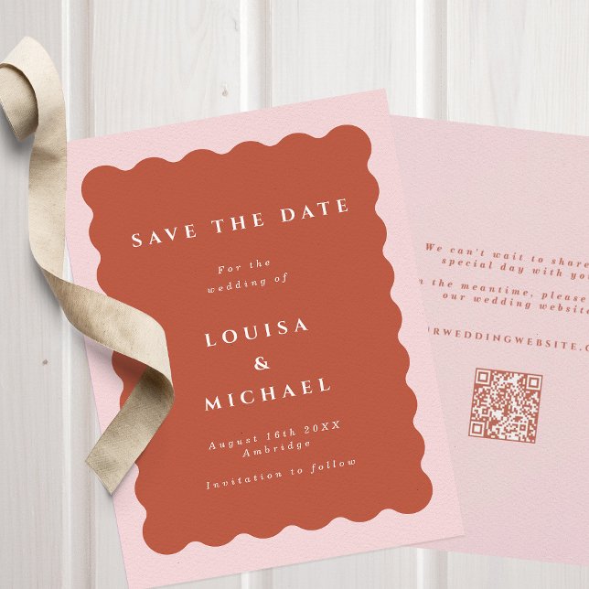 Boho Wavy Terracotta & Blush QR Code Wedding  Save The Date (Creator Uploaded)