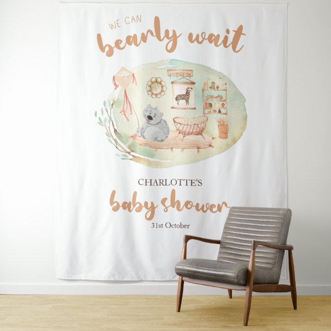 Boho We Can Bearly Wait Baby Shower Backdrops Tapestry (In Situ)