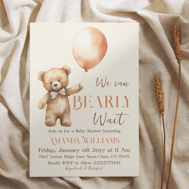Boho We Can Bearly Wait Beige Bear Baby Shower Invitation (Creator Uploaded)