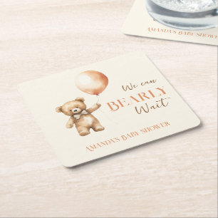 Boho We Can Bearly Wait Beige Bear Baby Shower Square Paper Coaster