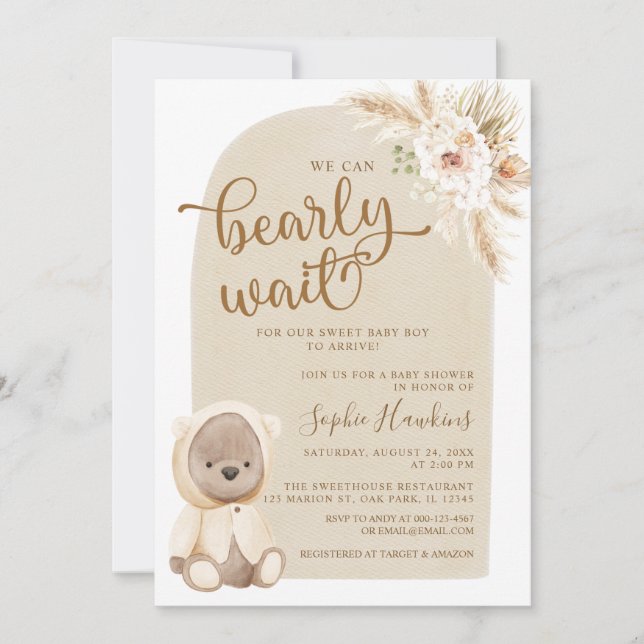 Boho We Can Bearly Wait Teddy Bear Baby shower Invitation (Front)
