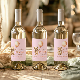 Boho We Can Beary Wait Pink Bear Girl Baby Shower Wine Label