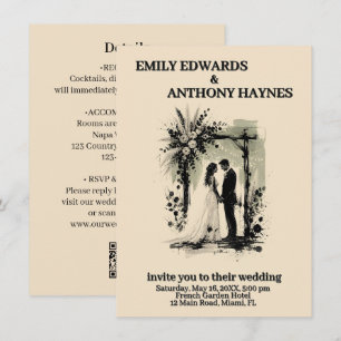 Boho Wedding Arch Invitation with Bride and Groom