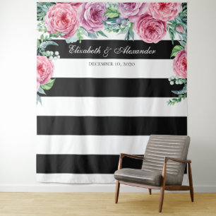 Boho wedding backdrop. Pink flowers background Tapestry