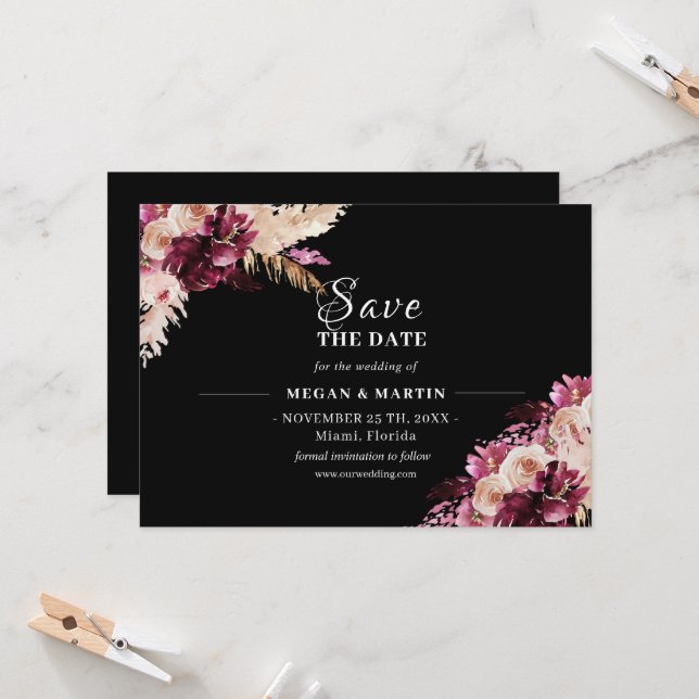 Boho Wedding Black Floral Save The date Invitation (Front/Back In Situ)
