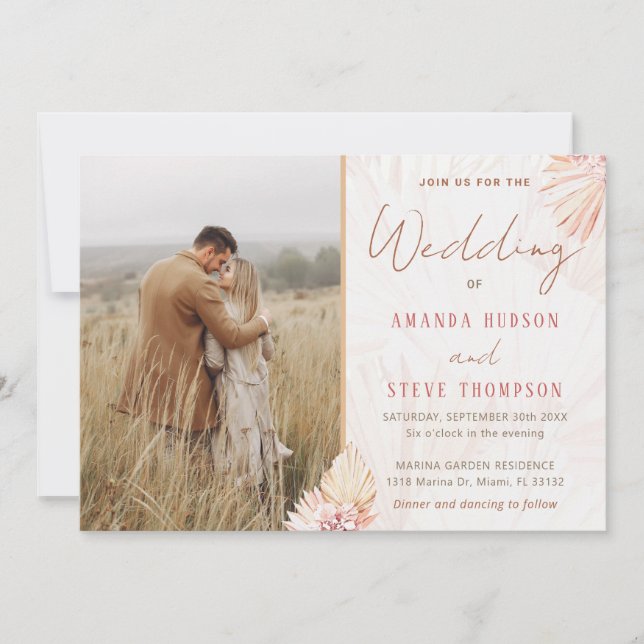 Boho Wedding Bohemian Pampas Grass Couple Photo Invitation (Front)