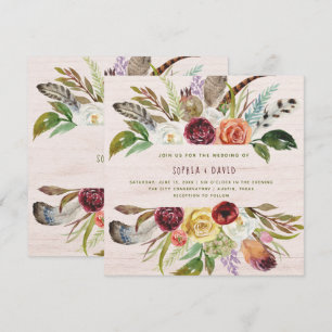 Boho Wedding Burgundy and Orange Flowers on Wood Invitation