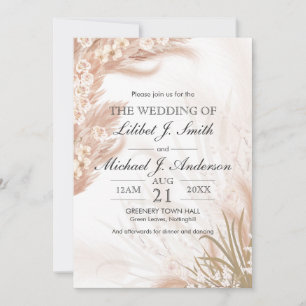  Boho Wedding Coral Rose Pampas Grass Watercolor Invitation
