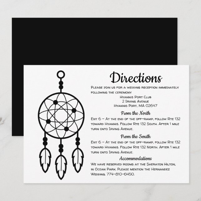 Boho Wedding Directions Dreamcatcher Black Details Invitation (Front/Back)
