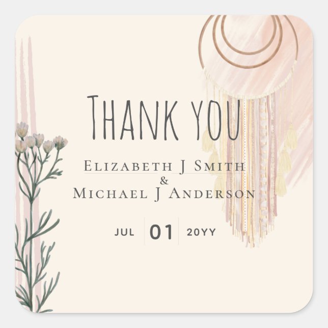 BOHO Wedding Dusty Blue Peach Dream Catcher Square Sticker (Front)